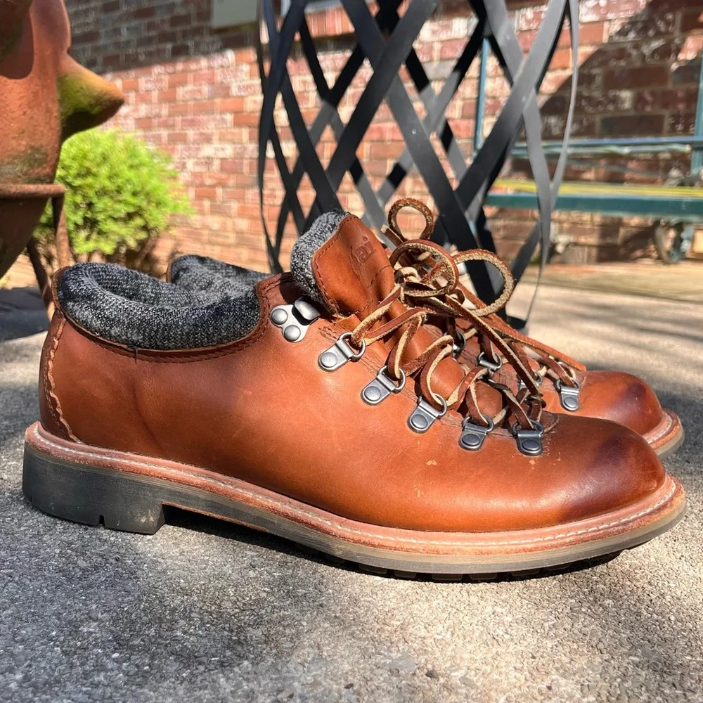 Men’s OluKai Mauna Lalo Brown Leather Hiking Boots Shoes Wool Collar 9.5